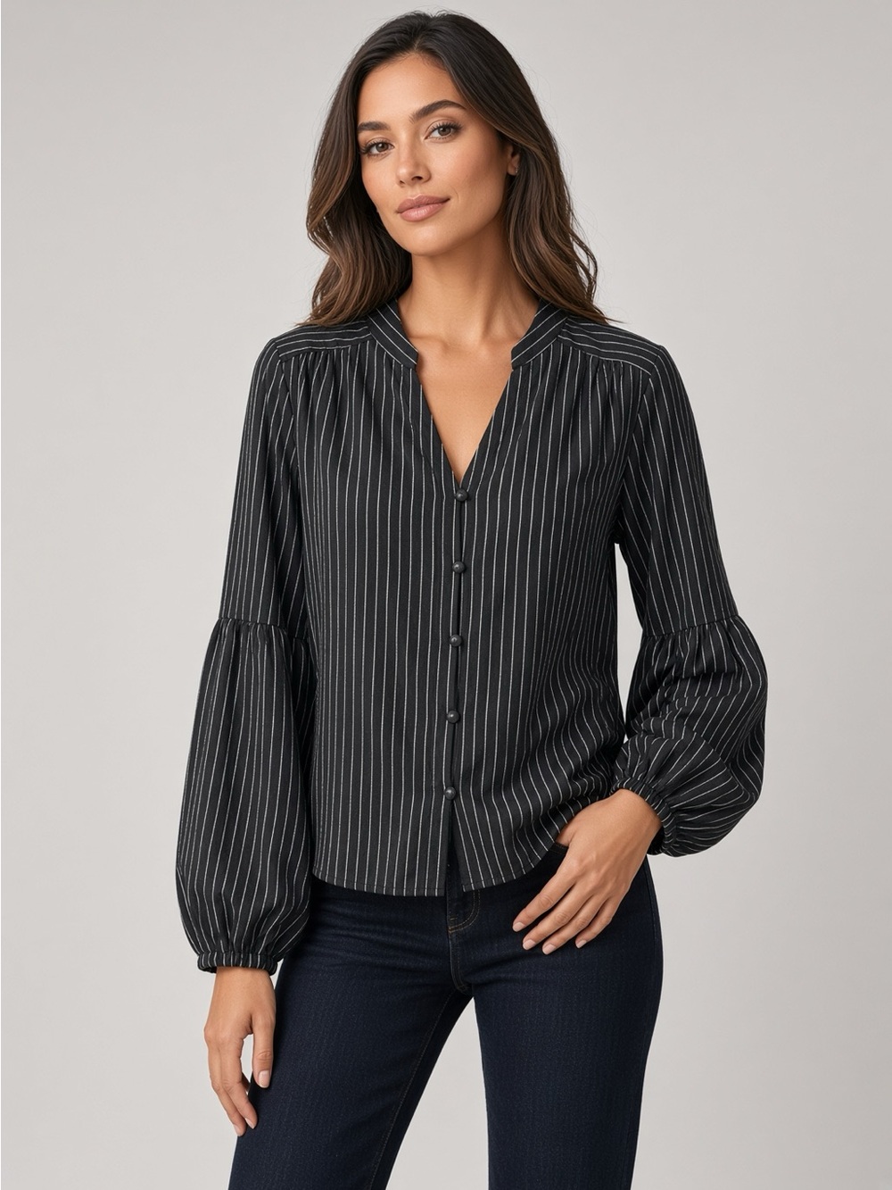 PAIGE Black and White Pinstripe Button-Front Blouse